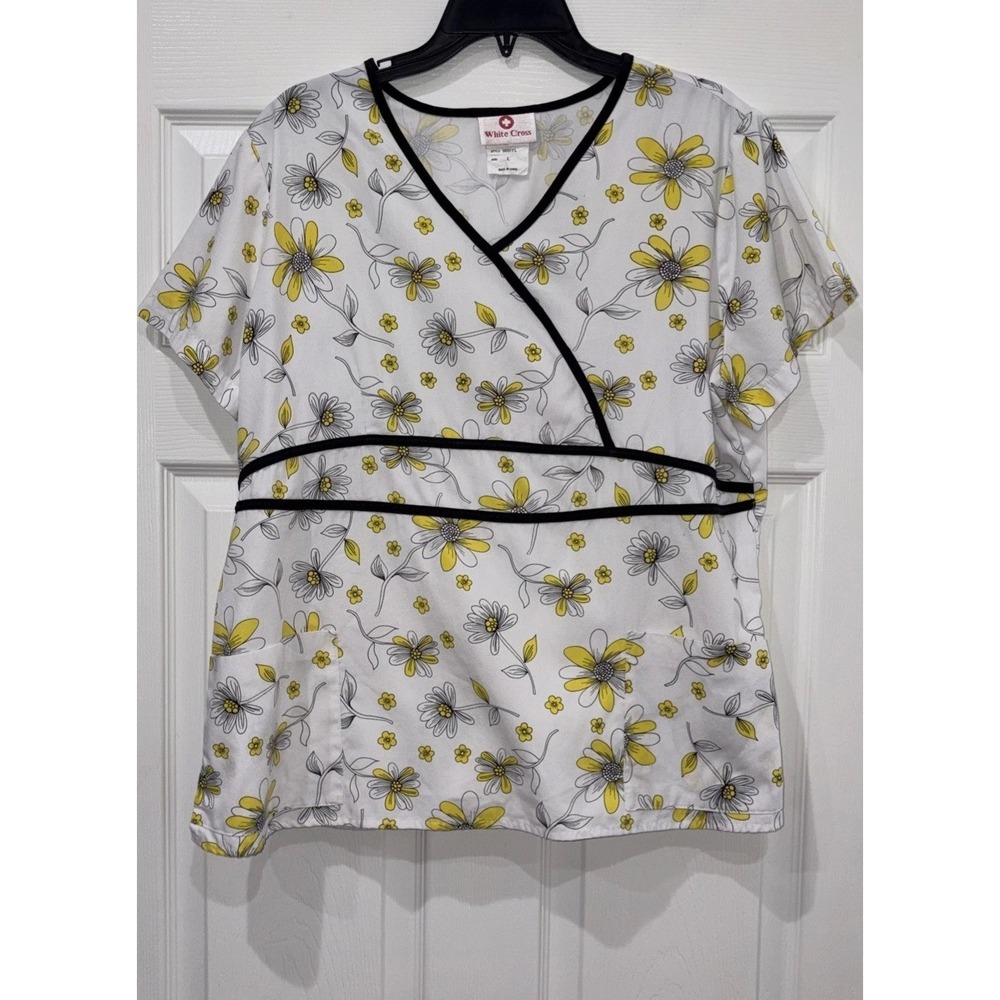 White Cross Scrub Top Women's Size L White Short Sleeve V-Neck Floral Print